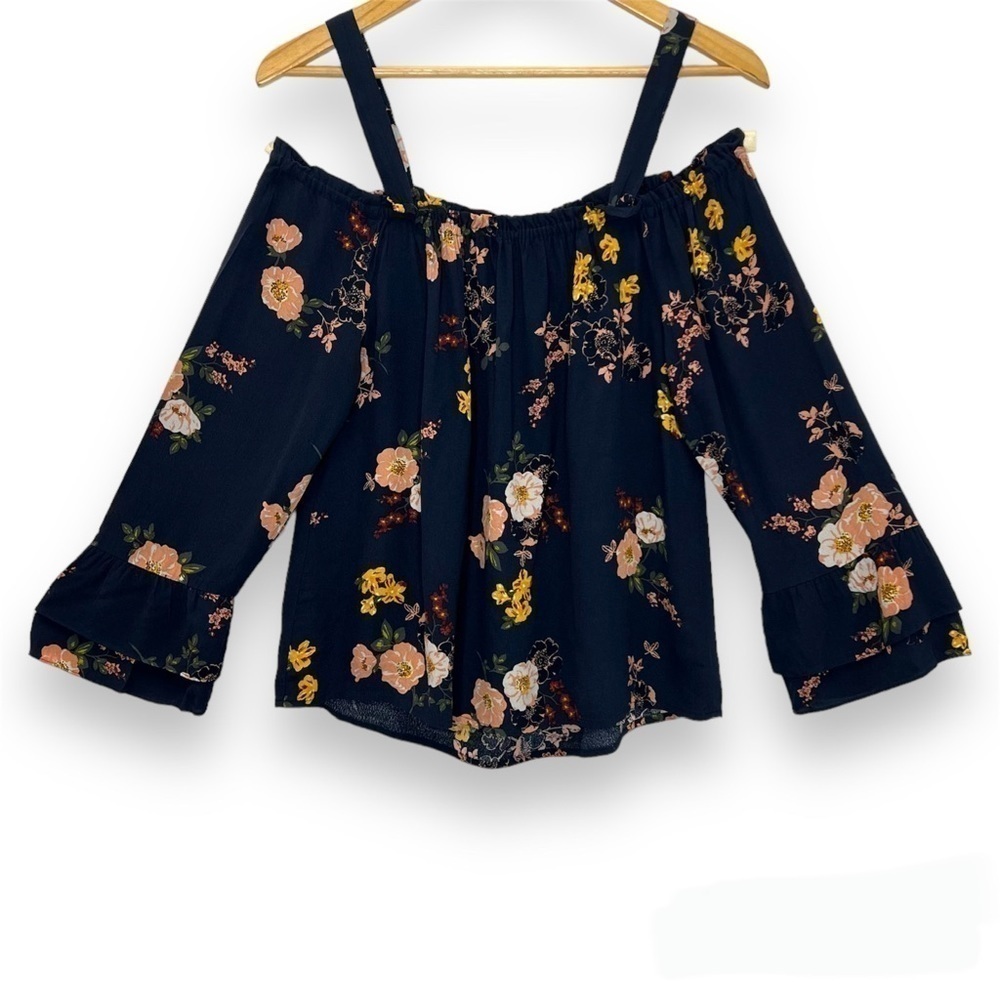 Sanctuary Cassie Navy Blue Floral Off Shoulder Bell Sleeve Top Women’s XS Small